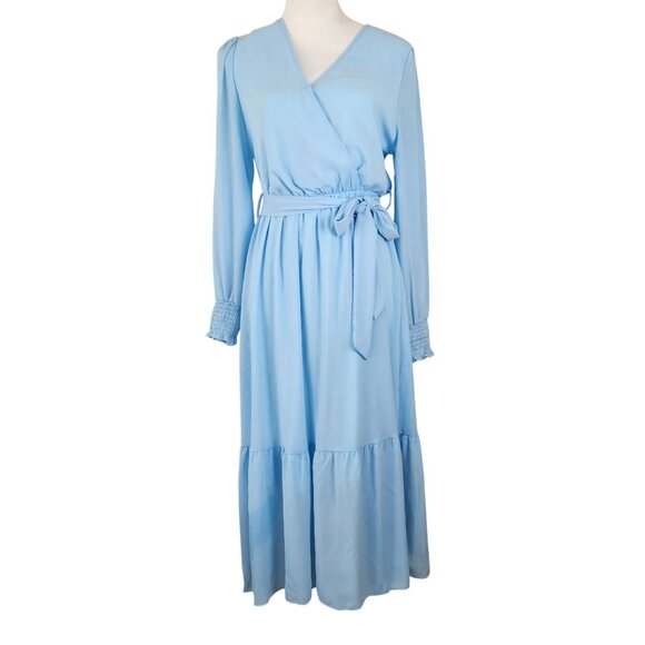 Womens Boho Small Light Blue Long Sleeve Midi Dress Elastic Waist Belt Wedding - Picture 5 of 12